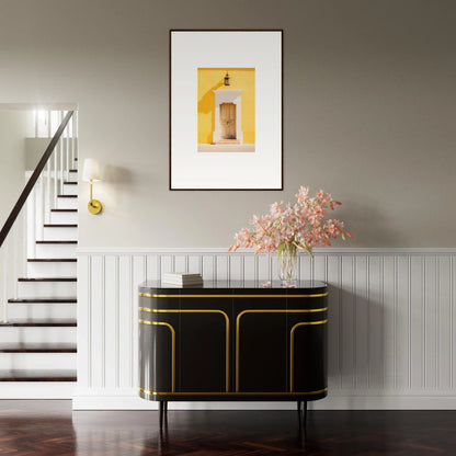 Black credenza with gold trim and curved edges from the Golden Hue Portal collection