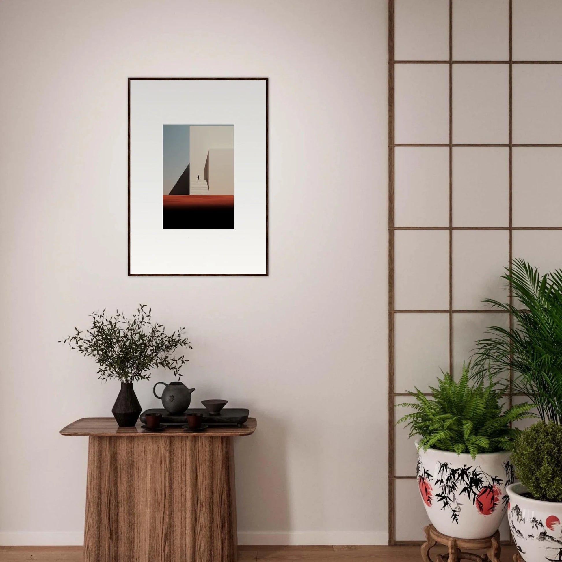 Framed minimalist artwork of a sailboat at sunset for Sombra Espérante Architecture