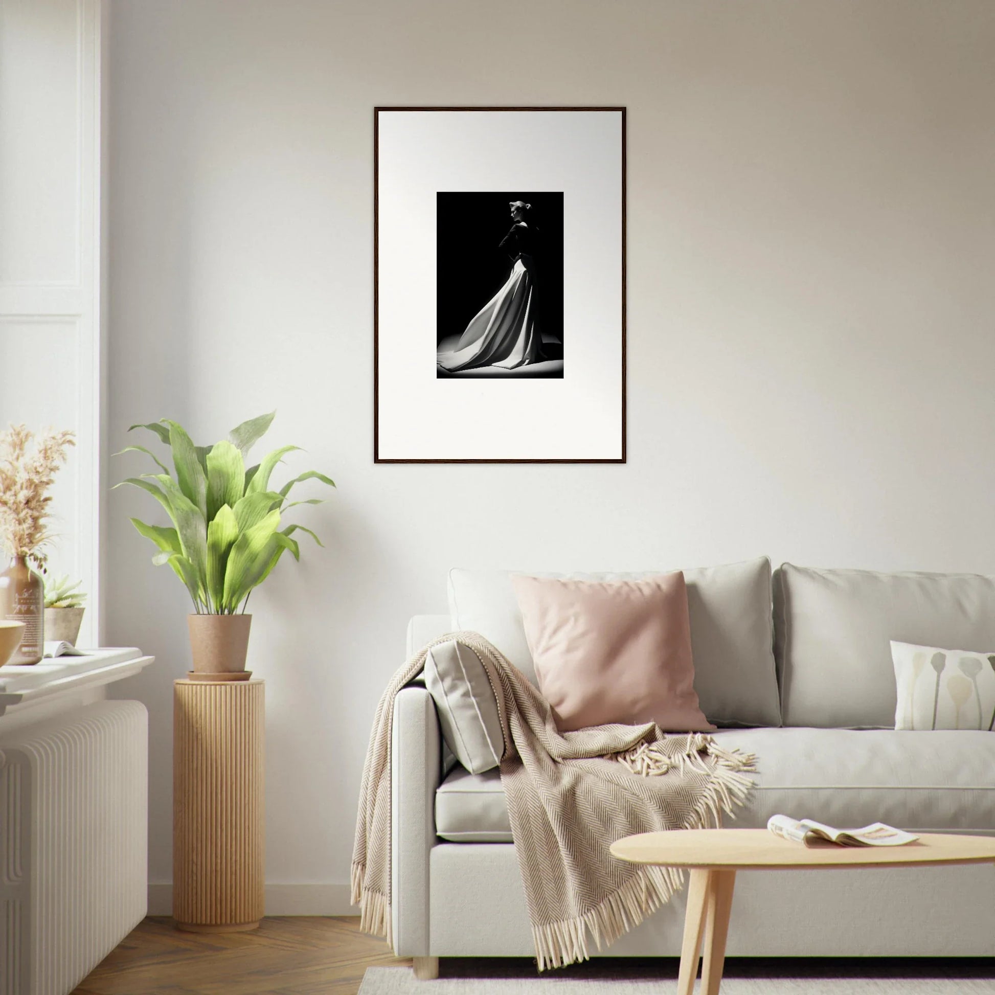 Framed black and white photo of a figure in a flowing gown from Veiled Monochrome Journey