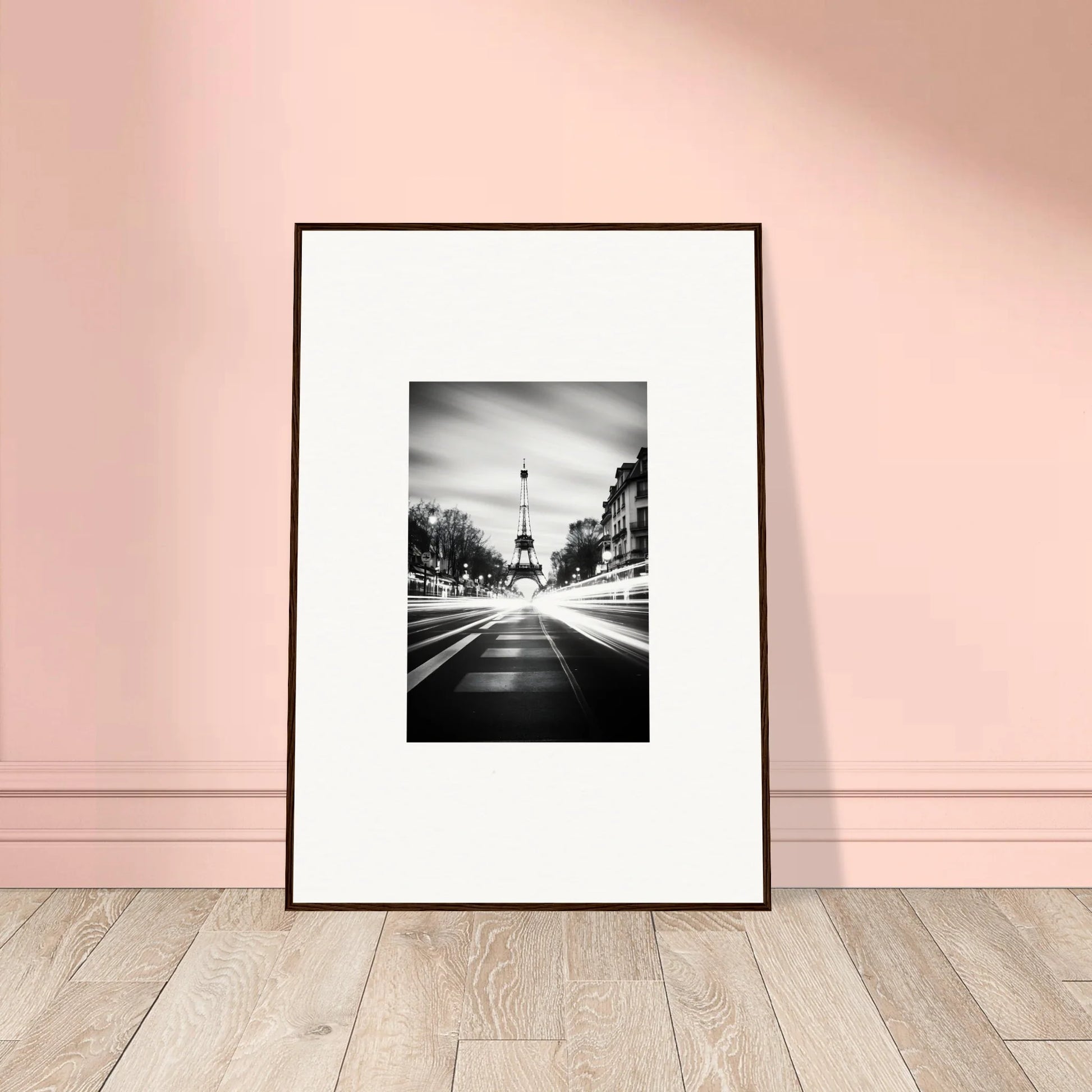 Framed wall art of the Eiffel Tower in a Paris street for Synth Wave Elysium