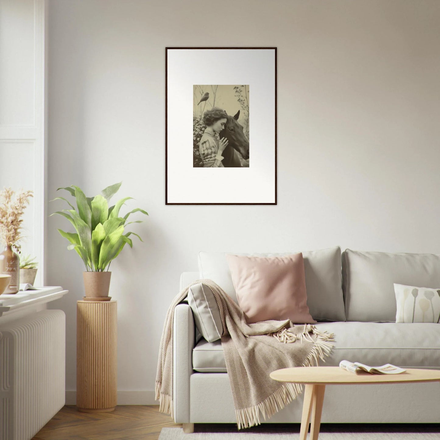 Framed black and white wall art of a horse’s head, perfect for room decoration