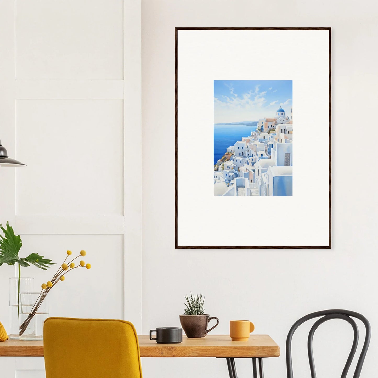 Framed wall art of Santorini’s white buildings and blue domes for Elysian Horizon Vortex