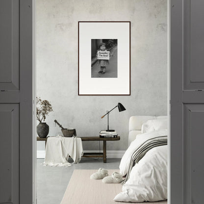 Minimalist bedroom featuring Whimsy Echo Memory framed wall art on light gray wall