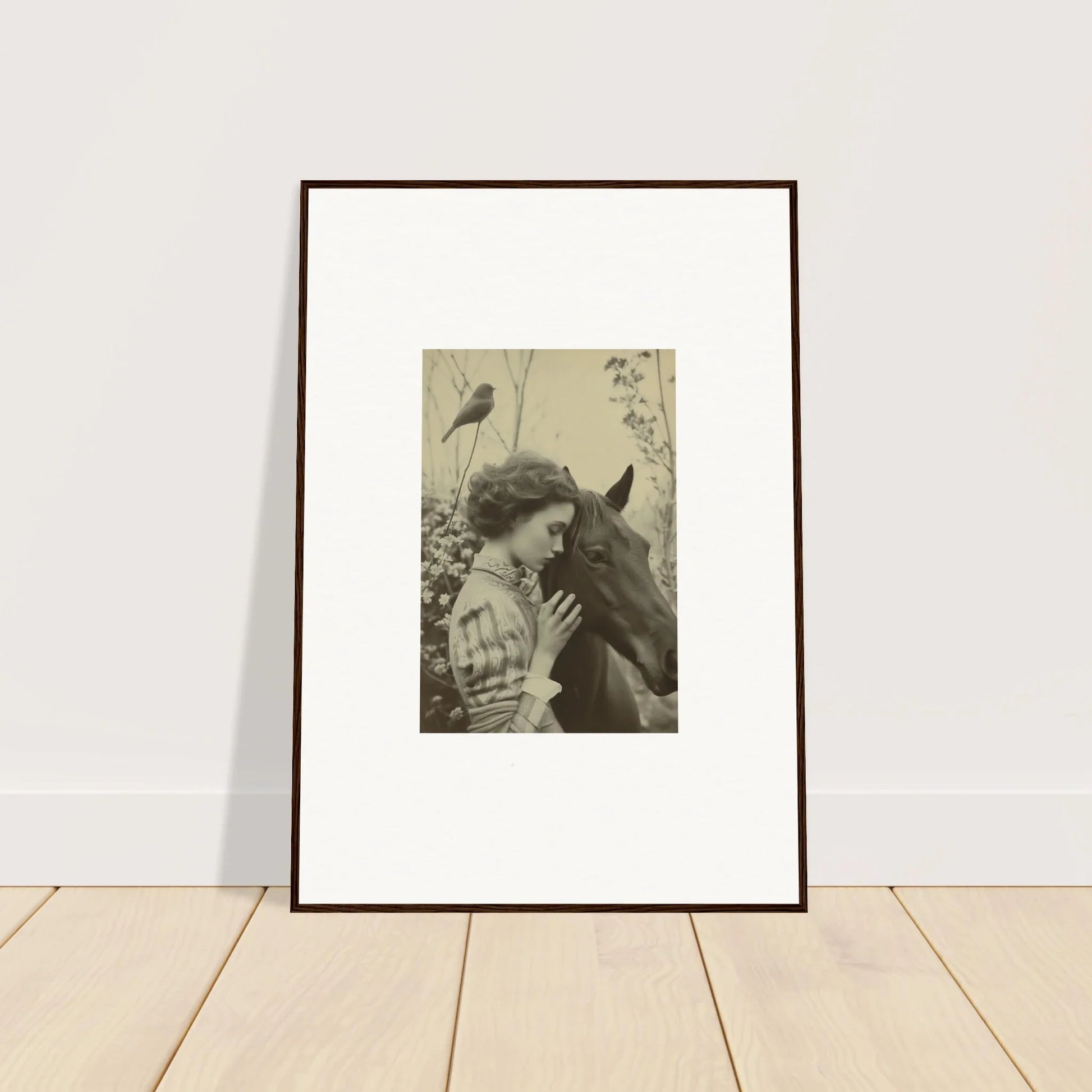 Framed vintage photograph of a woman and horse for charming room decoration wall art