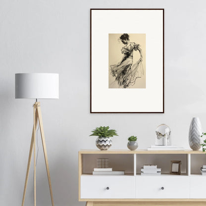 Framed vintage sketch of a woman in a flowing dress for Ethereal Pause Beneath art