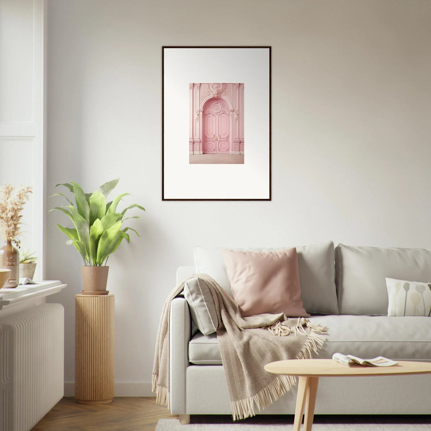 Framed pink doorway photo on white wall from Blush Merciful Renaissance art collection