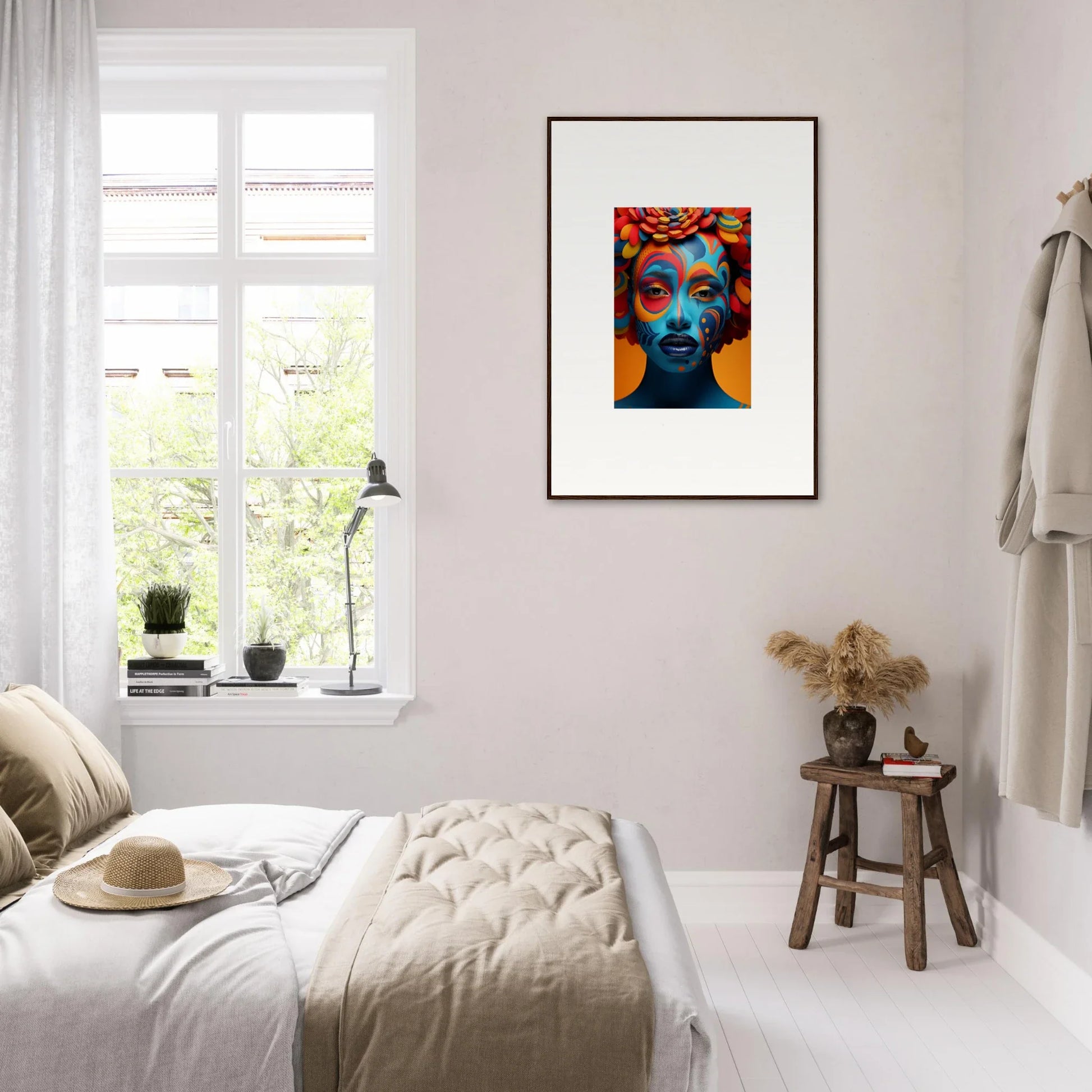 Colorful canvas print of a blue-skinned face for trendy room decoration wall art
