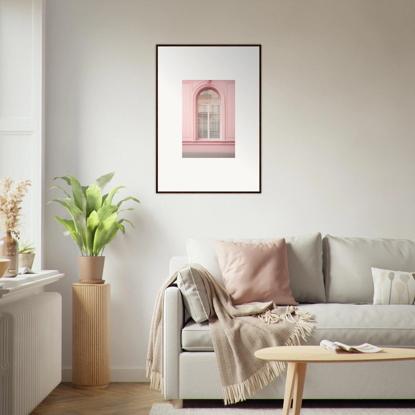 Framed pink architectural photo of an arched window from Pink Sonata Vibrations