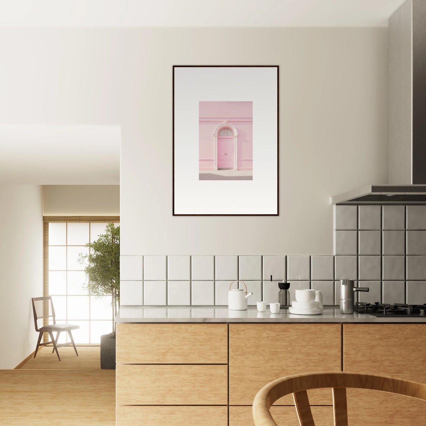 Modern kitchen with light wood cabinets and Pearly Baccarat Dream framed wall art