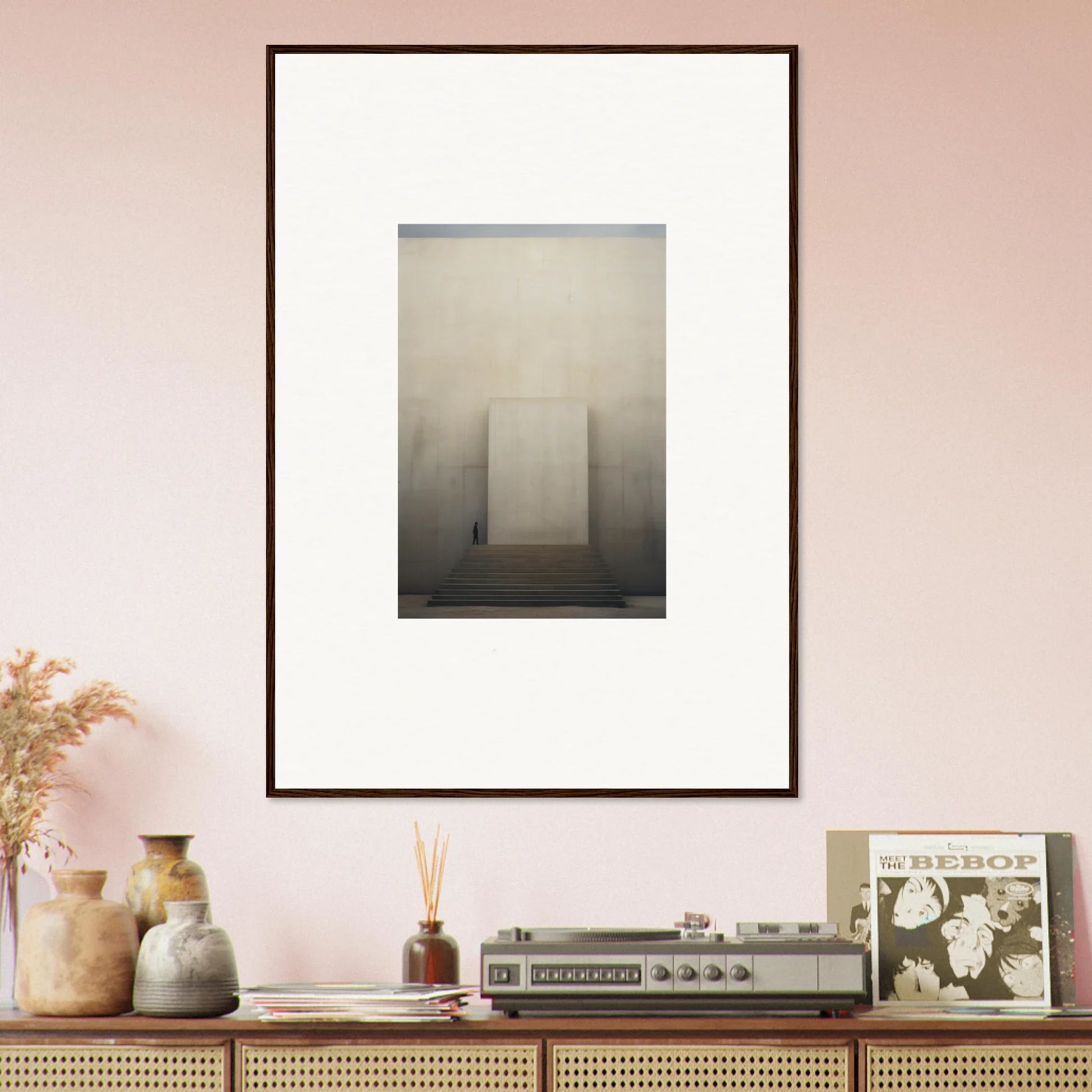 Framed minimalist art of a misty structure with a figure in Portal Eventide Abstract