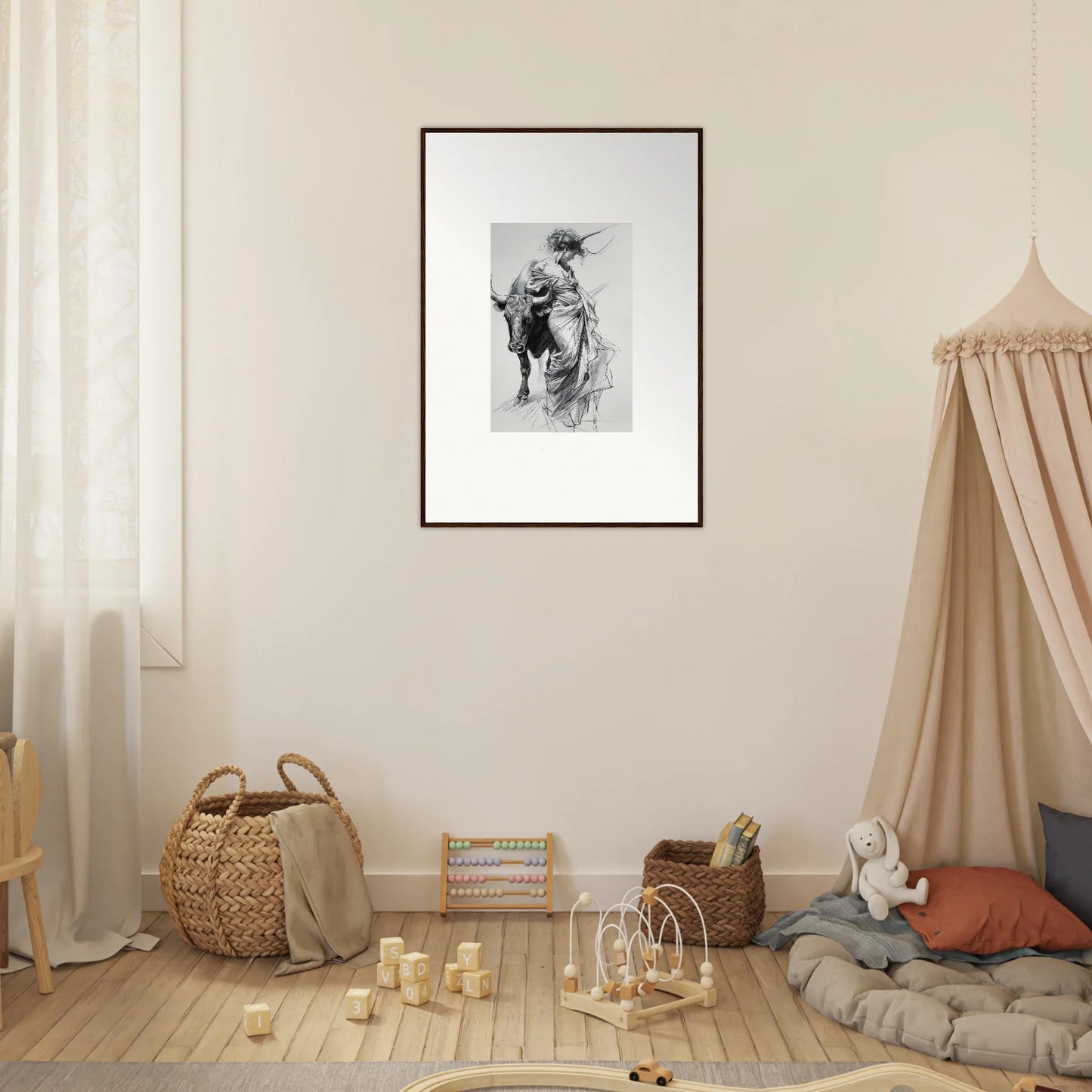 Framed black and white sketch of a cowboy on horseback in Minotaur’s Melodic Siesta