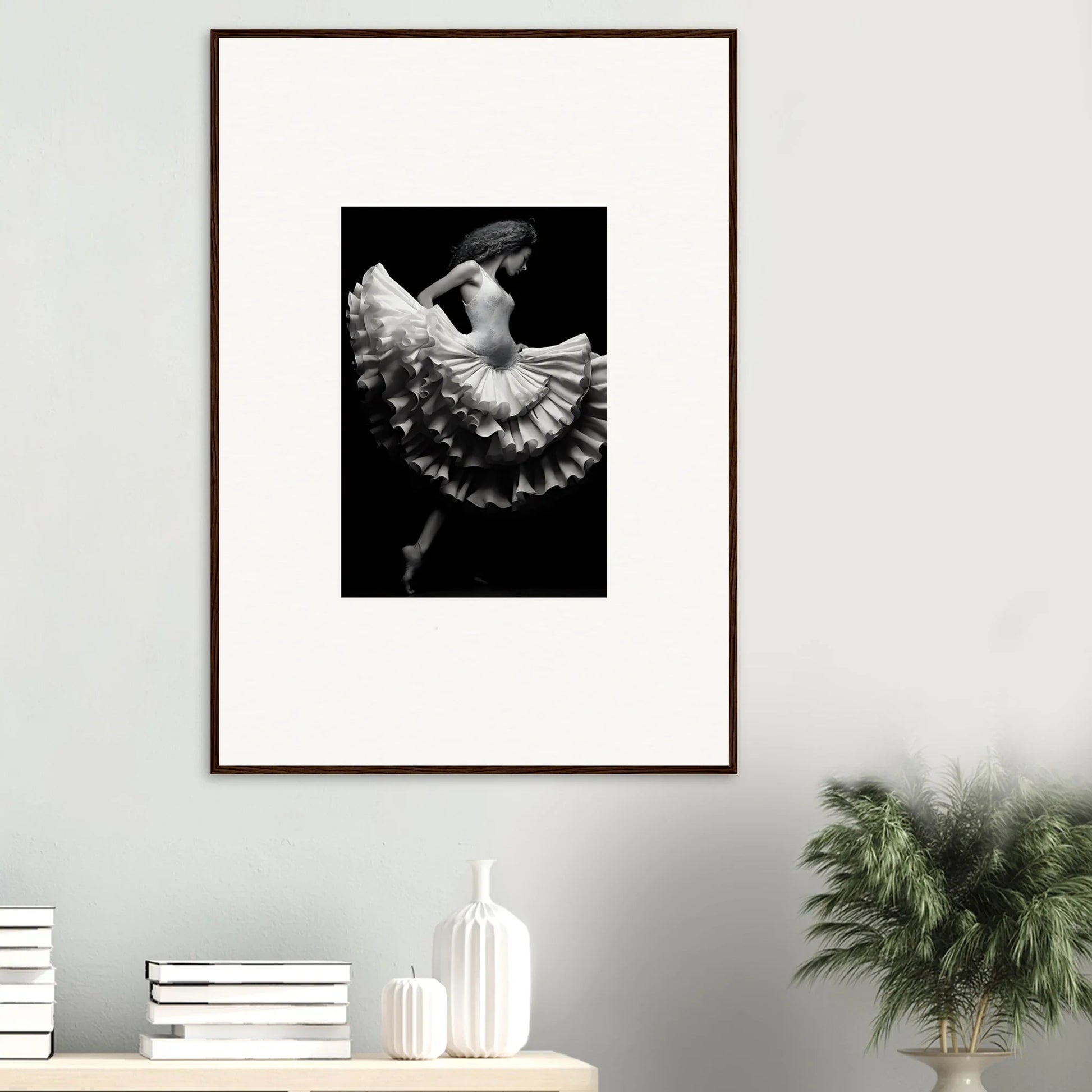 Black and white ballet dancer mid-movement in Ethereal Waltz Silence framed wall art