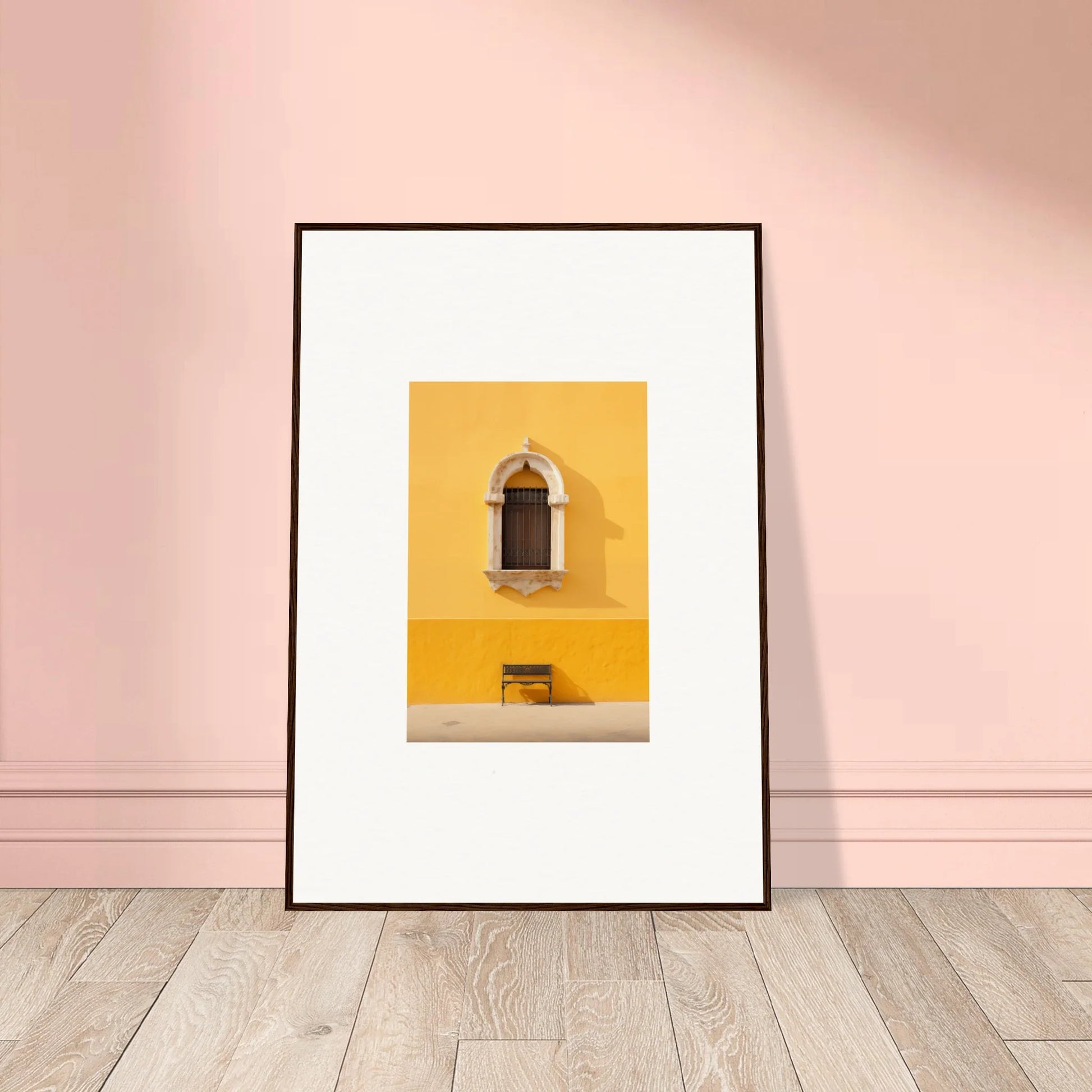 Framed photograph of a yellow wall with arched window, perfect for premium framed wall decor