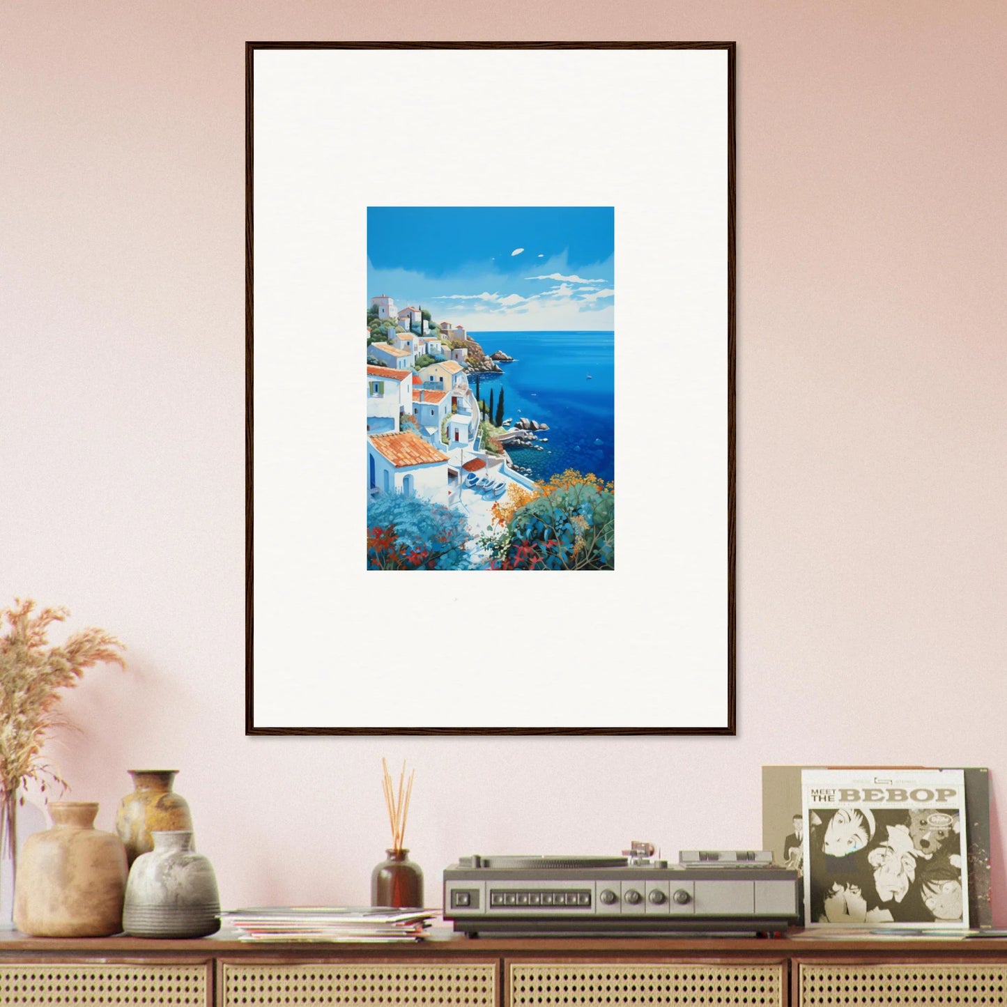 Framed artwork of a colorful coastal scene from Sunlit Dreamscape Promise special edition art™