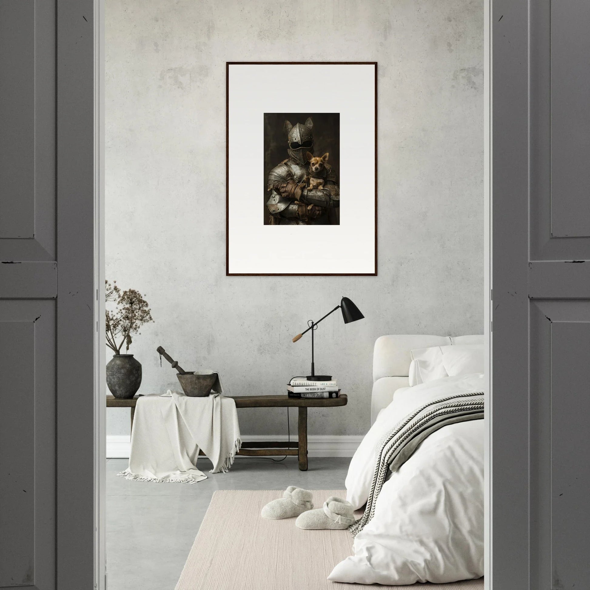 Monochromatic bedroom featuring Serene Steel Whispers framed wall art on a gray wall