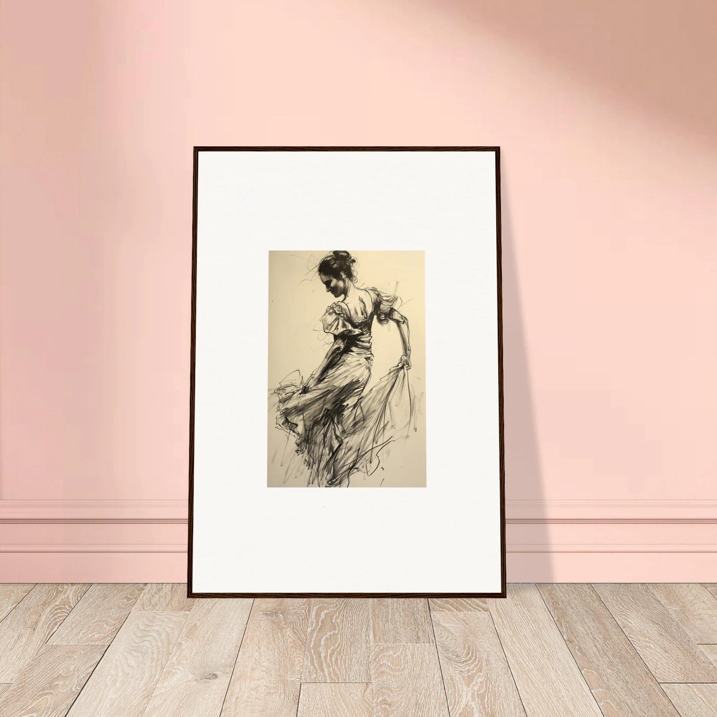 Framed black and white sketch of a graceful figure in flowing dress from Shadow Waltz