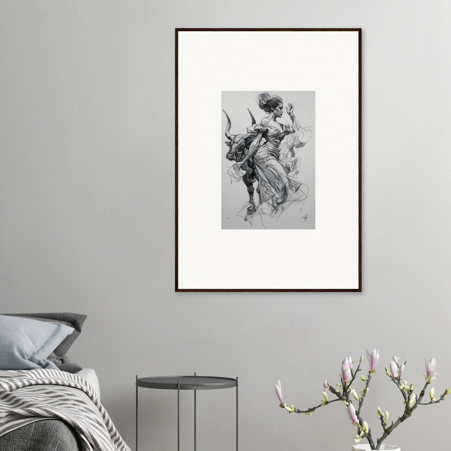 Framed black and white art of a figure on a bucking bull from Sirens’ Veil Matador