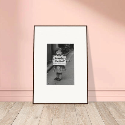 Framed black and white photo of a child holding a sign for Whimsy Echo Memory art