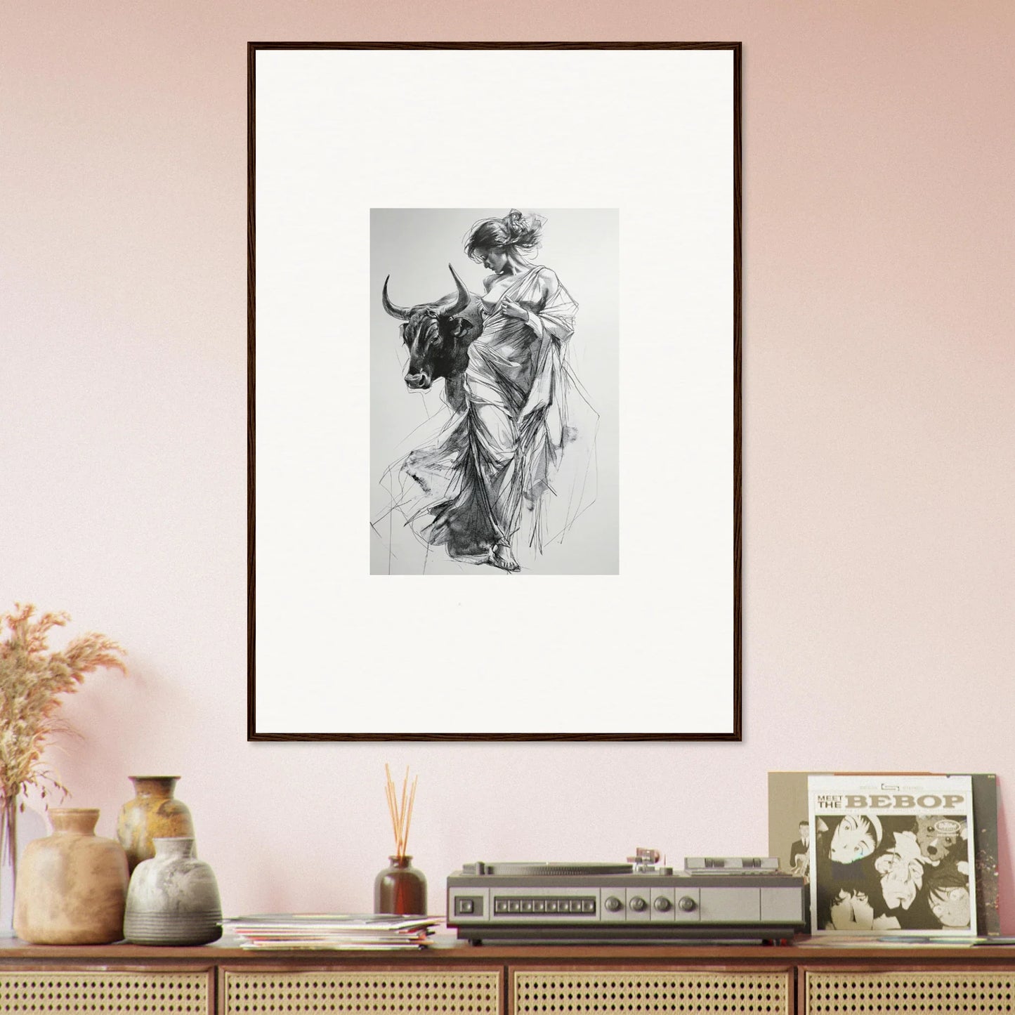 Framed black and white sketch of a figure with a bull in special edition art™ Reverie of Zephyr