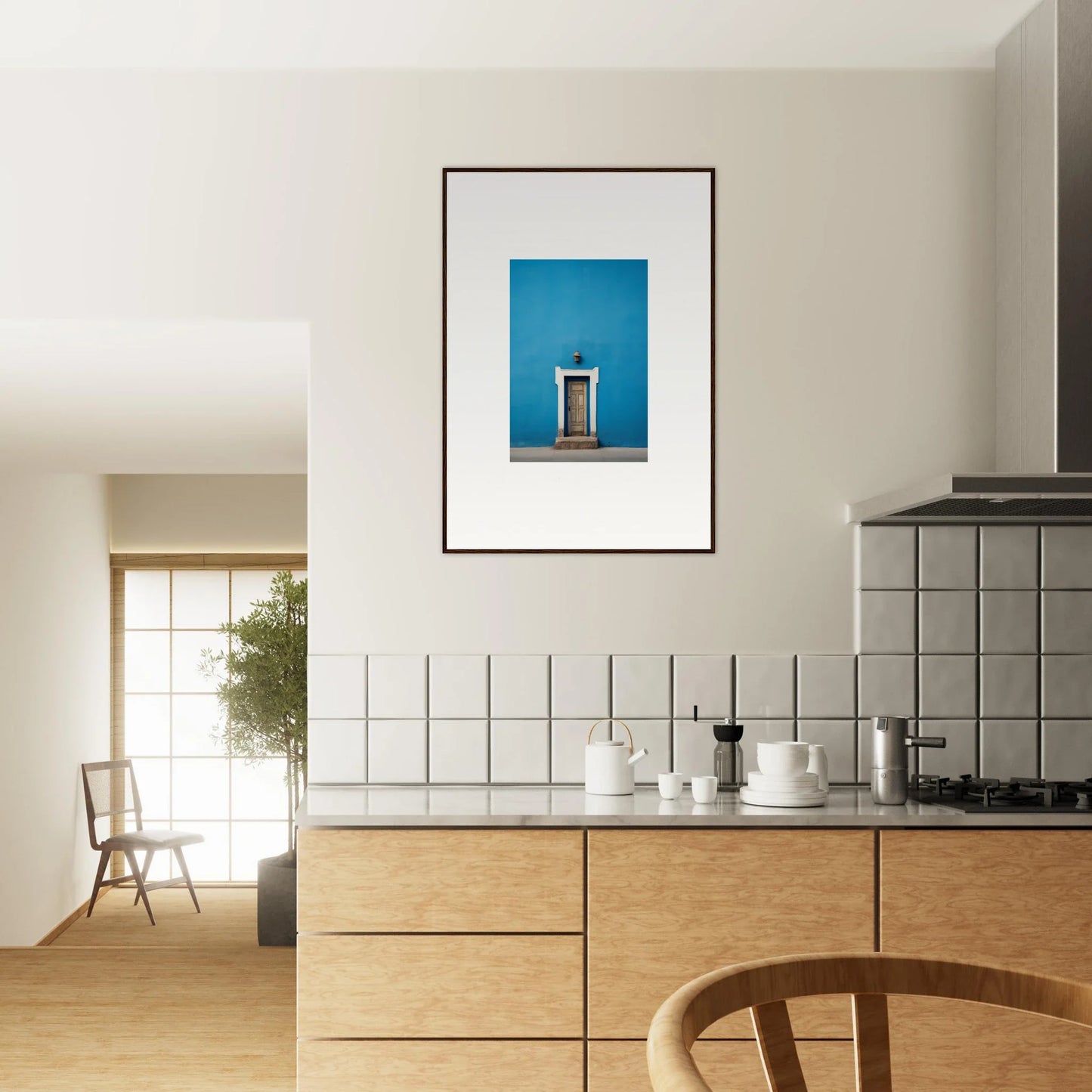 Framed photograph of a doorway on a bright blue wall in Eternal Cerulean Cloister