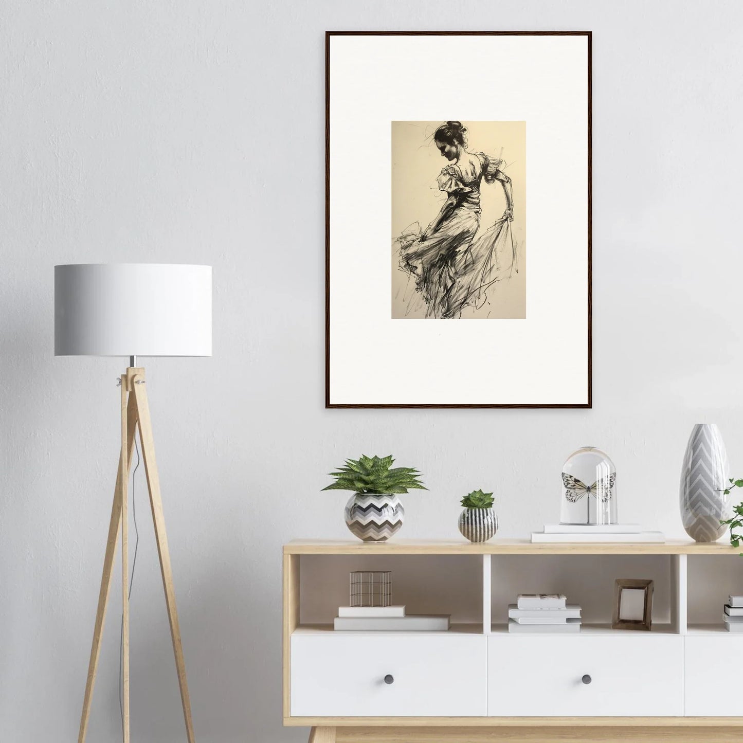 Framed vintage sketch of a flowing dress, perfect for Gyroscopic Baudelo Bacon art lovers