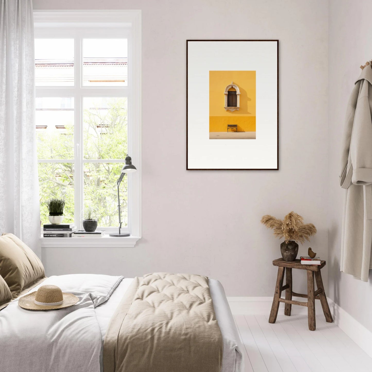 Minimalist bedroom with neutral tones and a premium framed wall art from Gapes of Gargoyles