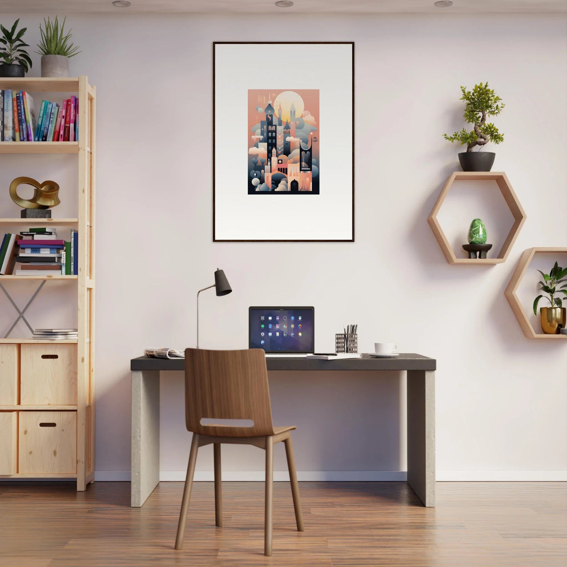 Modern home office featuring Ephemeral Castle Whispers decor with stylish dark desk and shelves