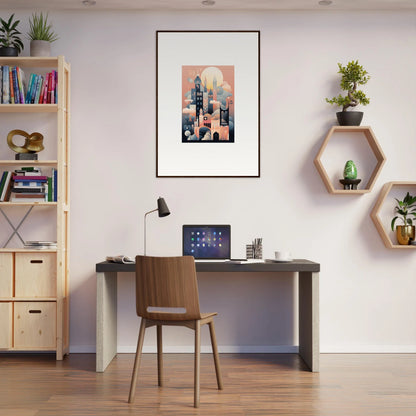 Modern home office featuring Ephemeral Castle Whispers decor with stylish dark desk and shelves