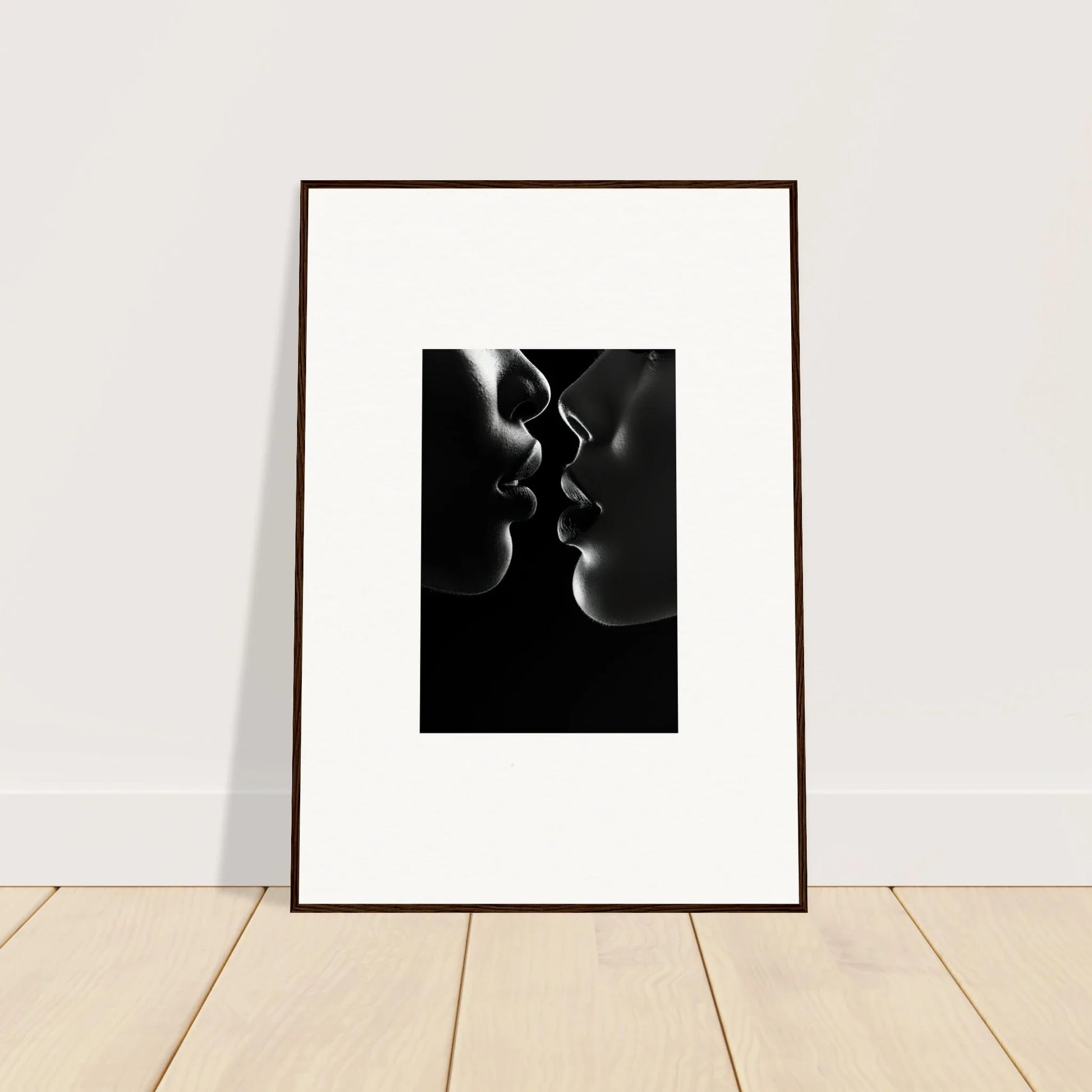 Framed wall art of two silhouetted profiles in Midnight Kiss Darkness special edition art