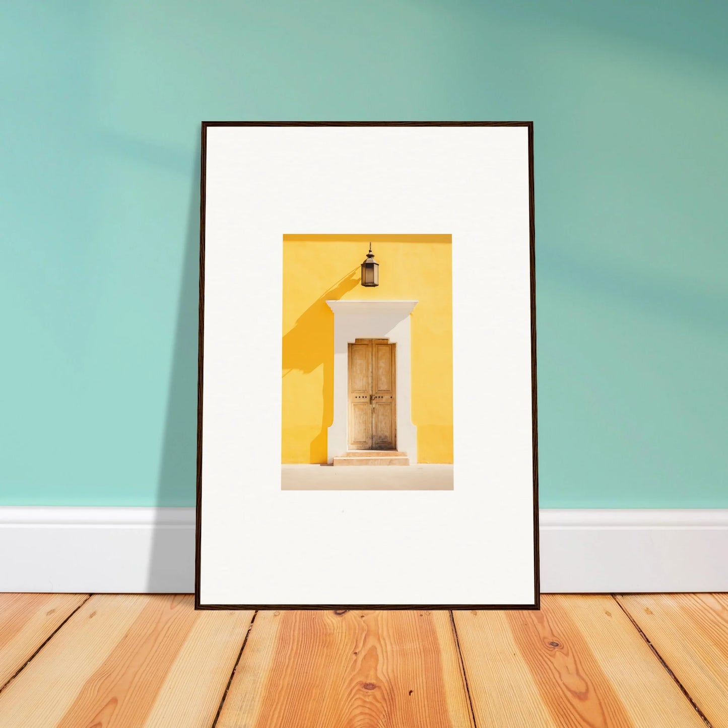 Framed wall art featuring a wooden door on a bright yellow wall in Golden Hue Portal