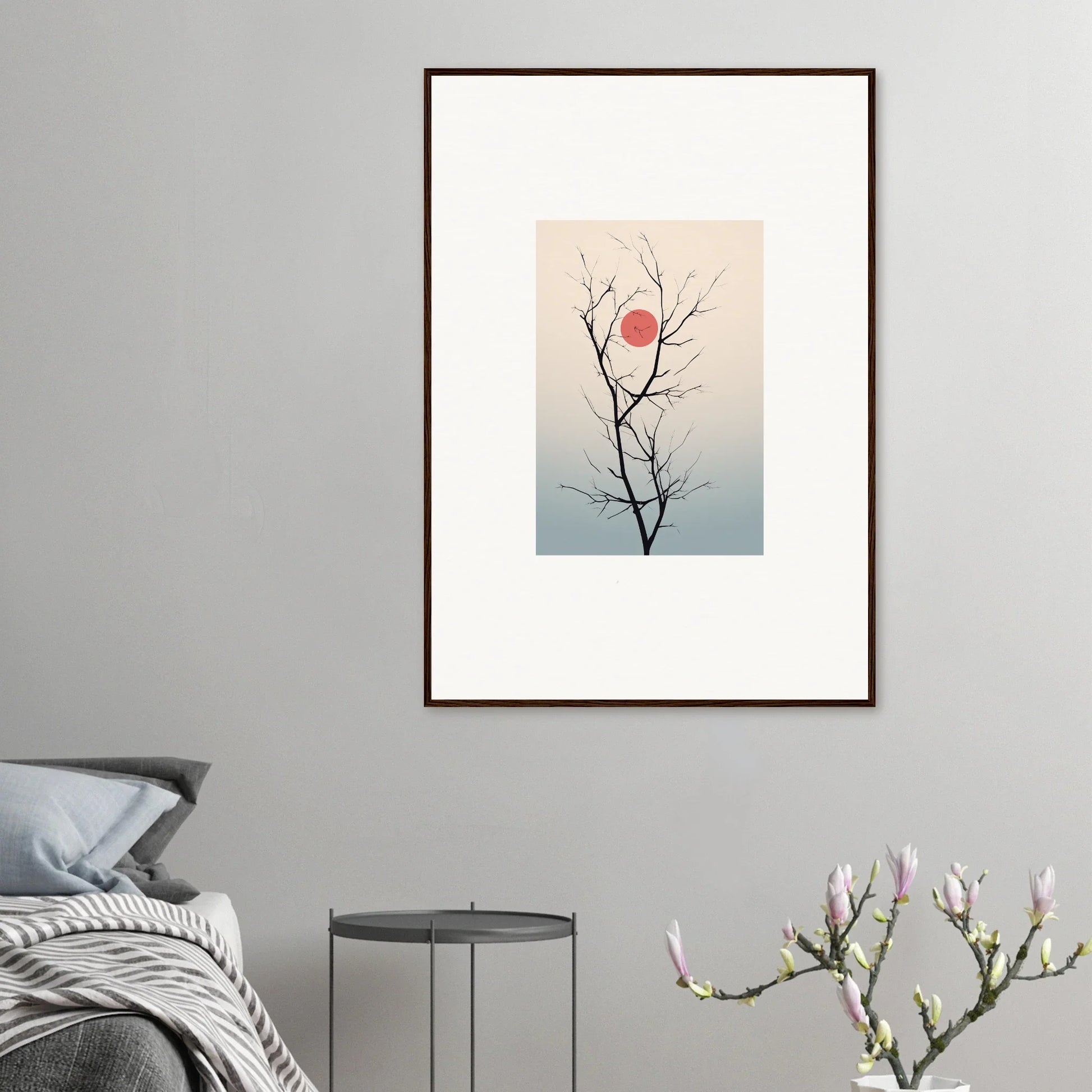 Framed minimalist wall art of a bare tree branch with a red sun for Serene Eclipse room decoration