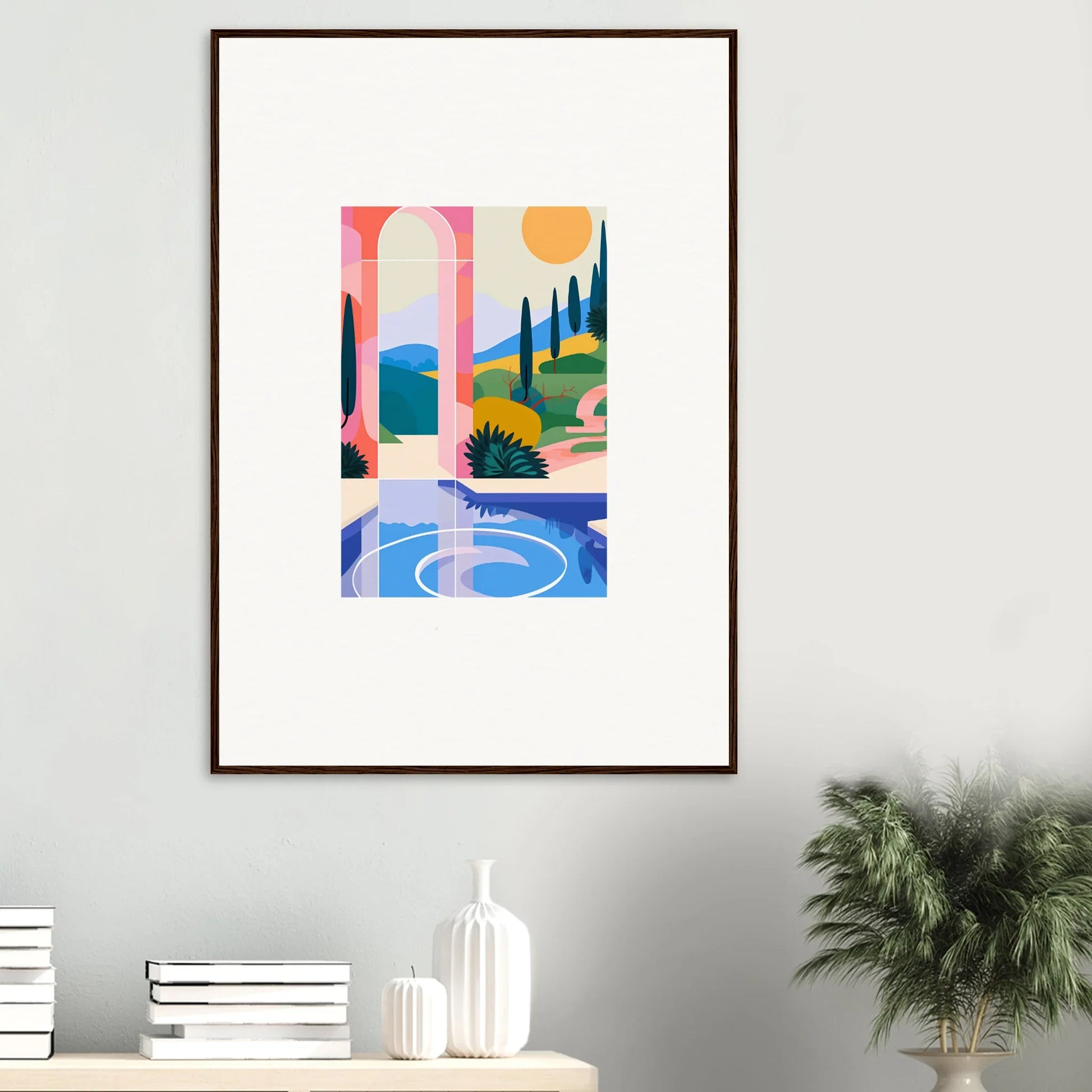 Framed abstract wall art titled Sunlit Oasis, perfect for room decoration with vibrant colors