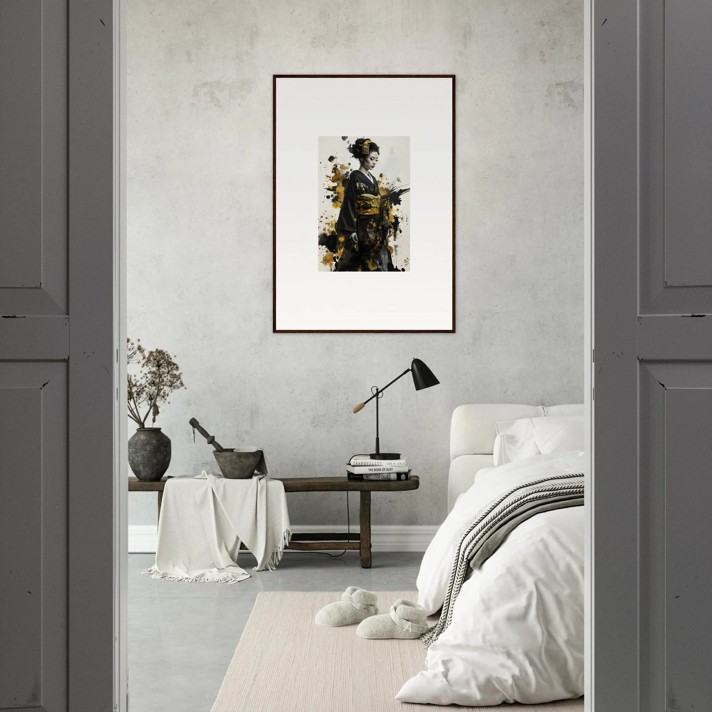 Framed artistic portrait in black and gold tones on a light wall, perfect for premium framed wall decor