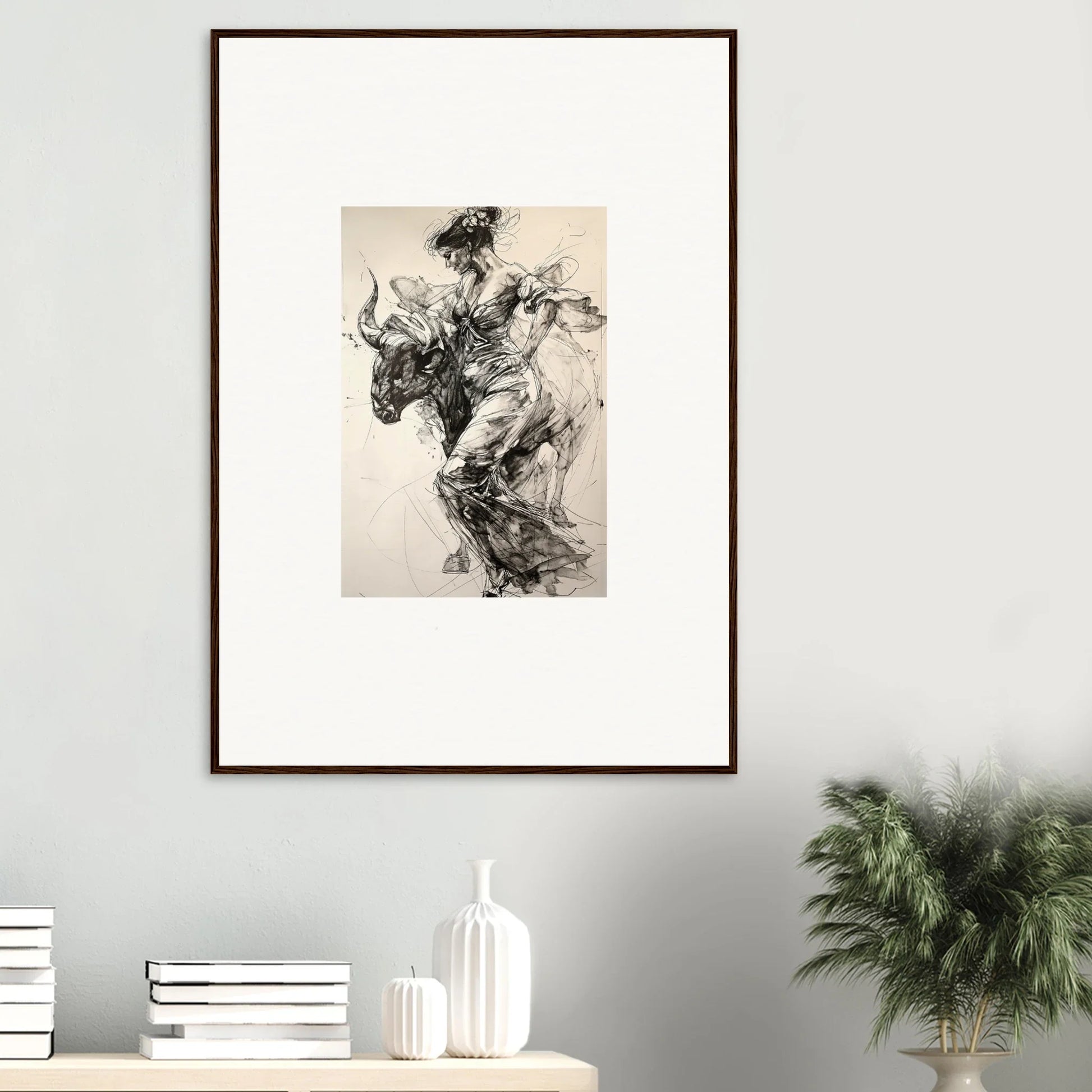 Framed black and white sketch of a person on a bucking bull from Labyrinthine Spanish Mirage