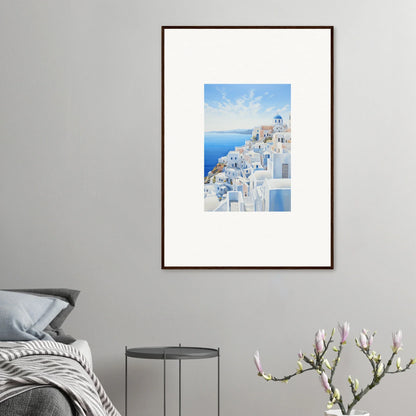 Framed wall art of Santorini’s blue domes and sea in Elysian Horizon Vortex design