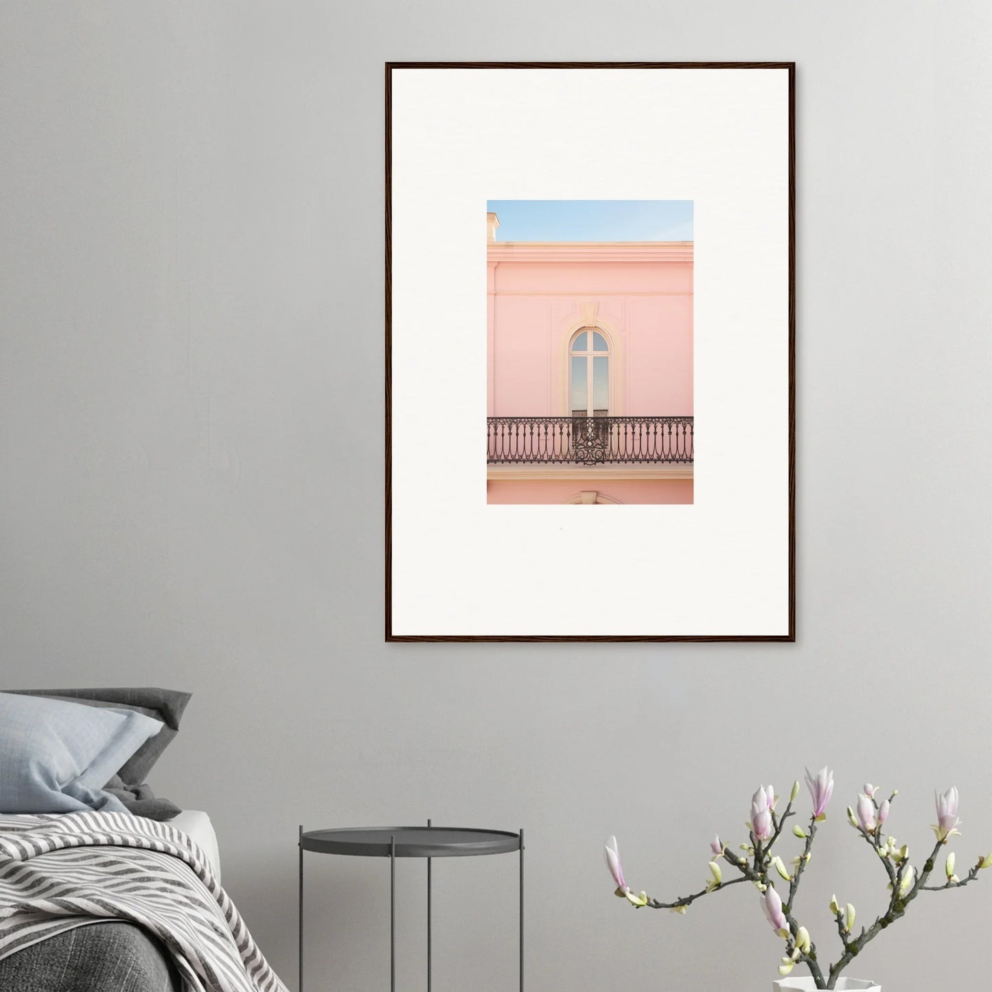 Framed wall art of Peach Tranquil Portal with a pink building and arched window