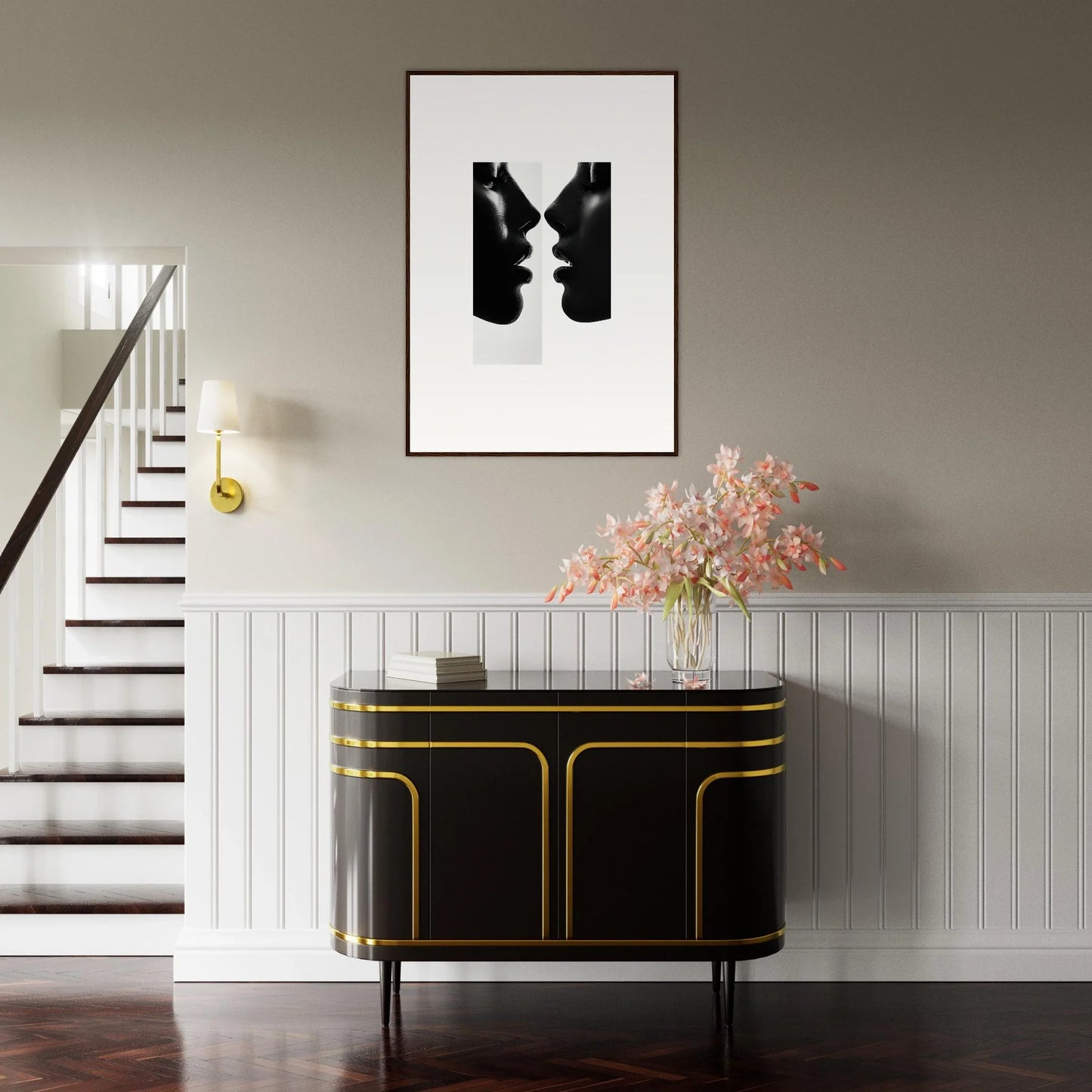 Black and gold Art Deco credenza with curves from the Liminal Echoes special edition art™