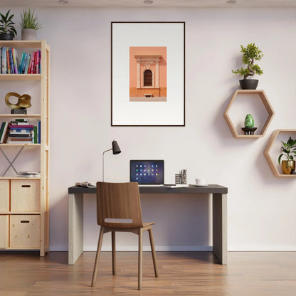 Modern home office with Silent Sunset Oblique art, dark desk, and wooden chair