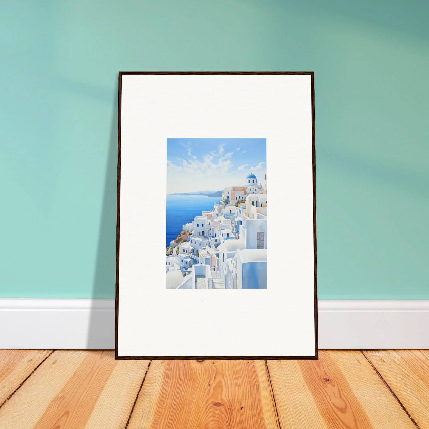 Framed wall art of white Santorini buildings and blue domes in Elysian Horizon Vortex