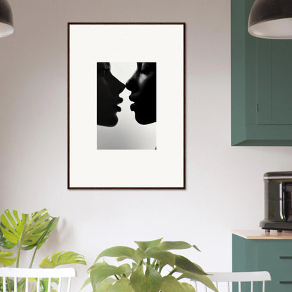 Black and white silhouette of two profiles kissing in Narcissus Mirror Haze framed art