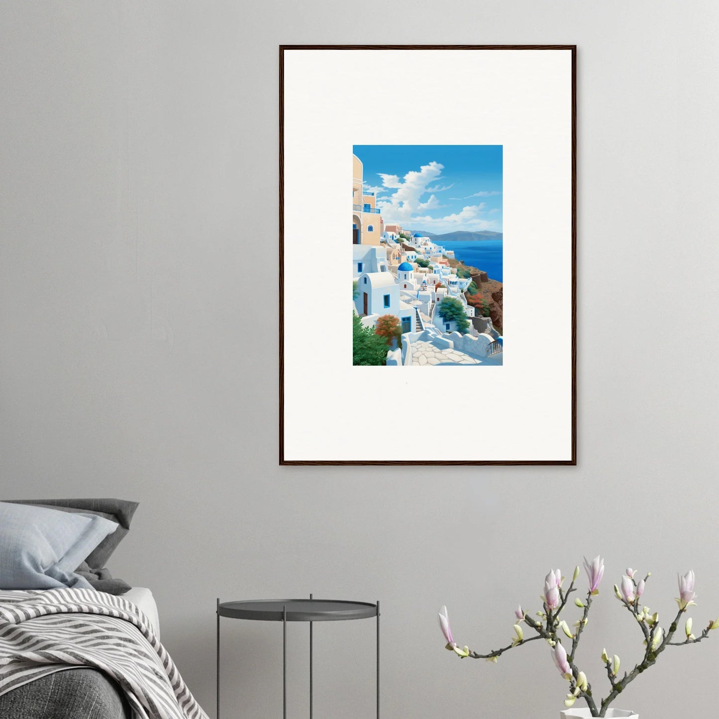 Framed photo of Santorini’s white buildings and blue domes from Sunday Stahl Messiração