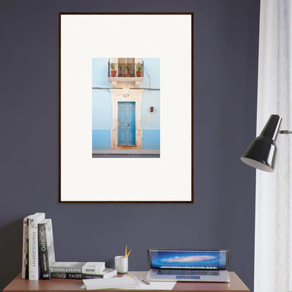 Framed wall art of a blue door and white wall from the Ethereal Azul Entrance collection