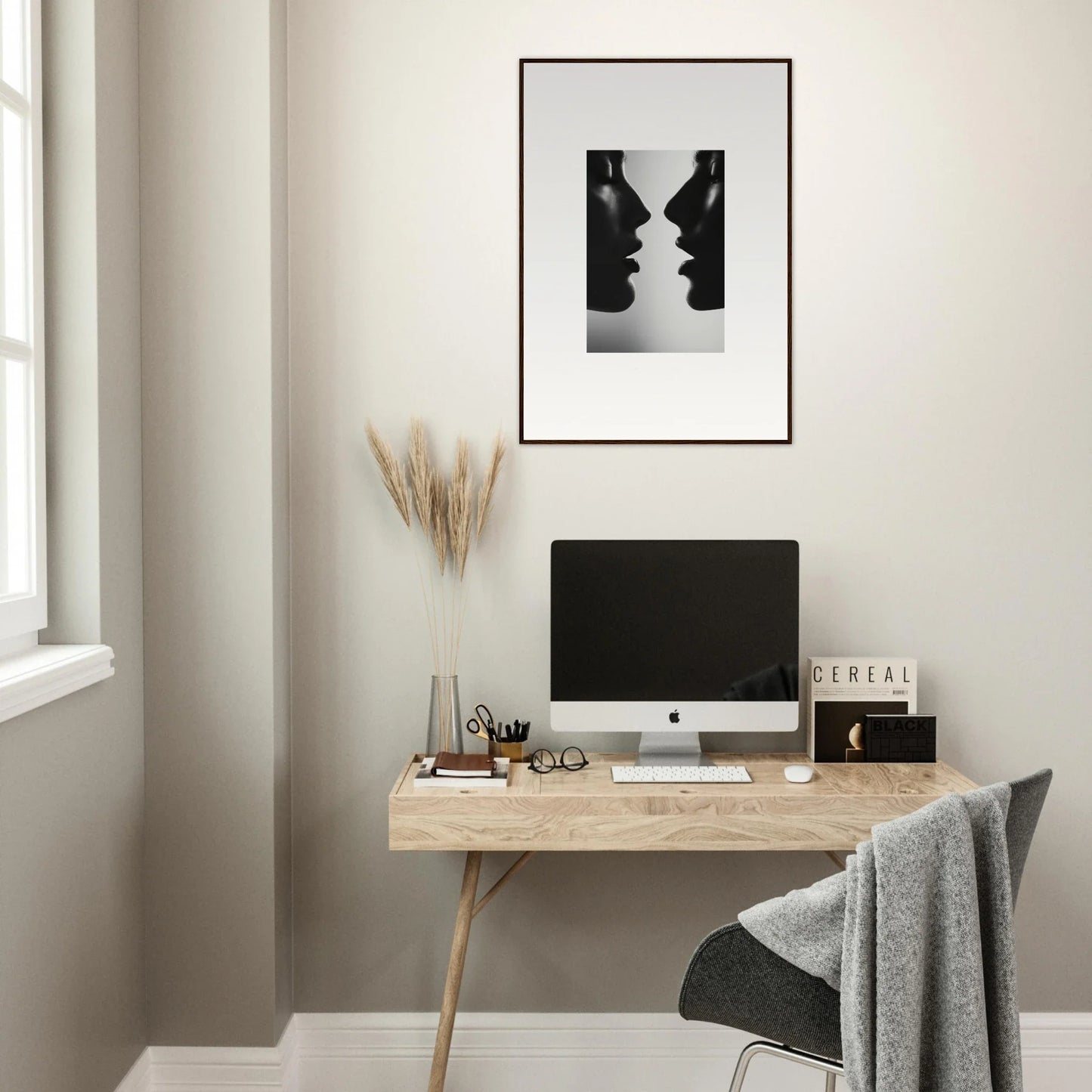 Minimalist wooden desk with iMac and decor, showcasing Symbiotic Echoes Flutter design