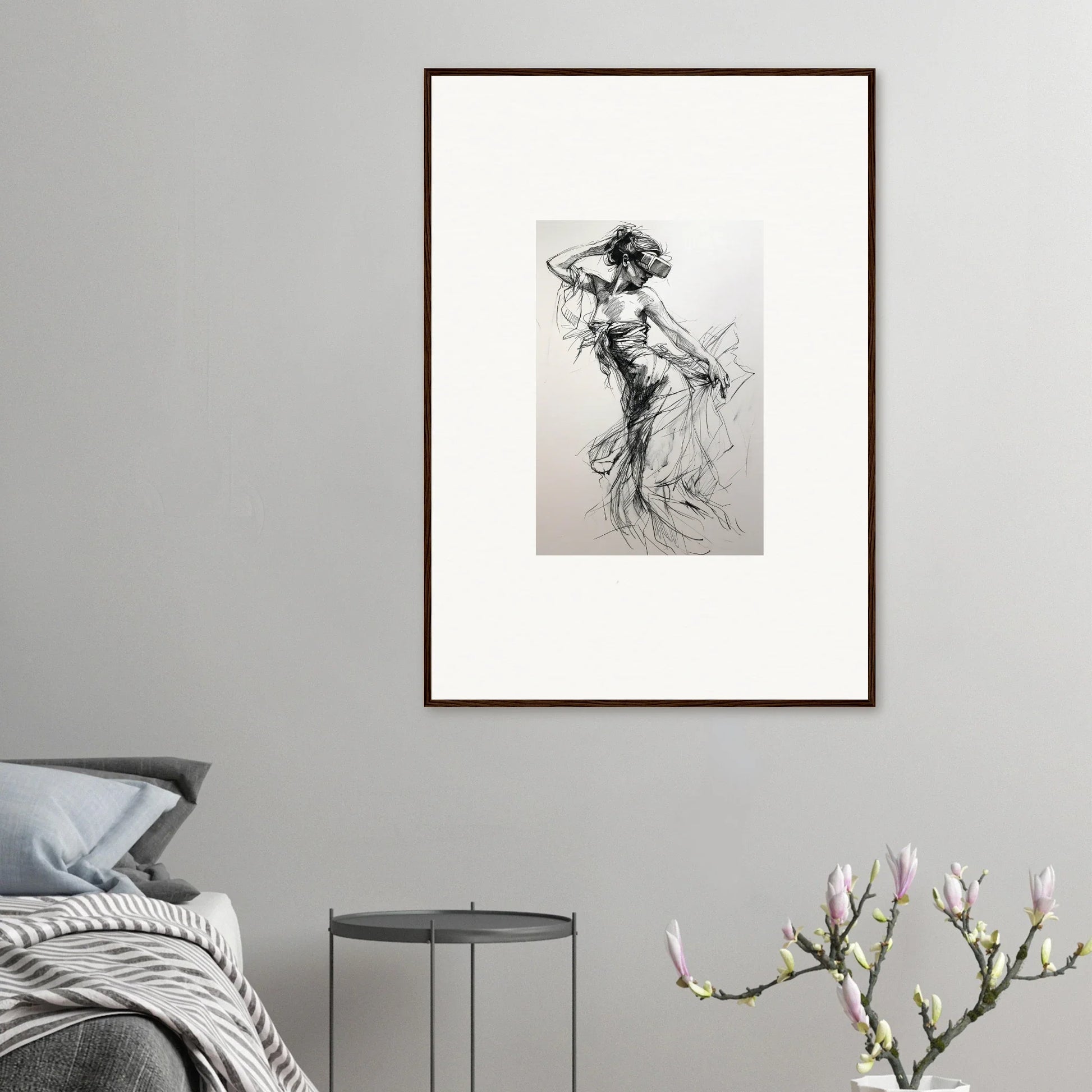 Framed black and white grace sketch of a dancer in flow from the Virtual Grace Sketch