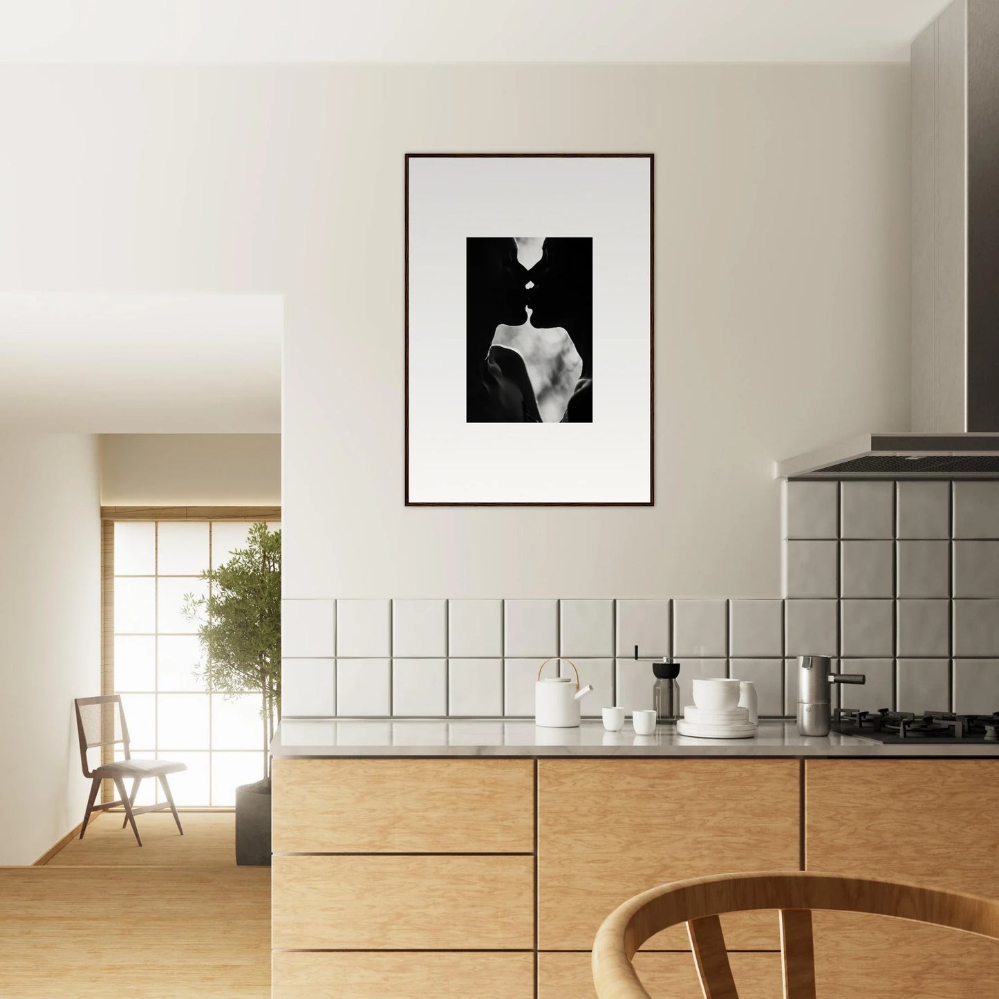 Modern kitchen with light wood cabinets and Shadowy Dawn Nuance framed wall art