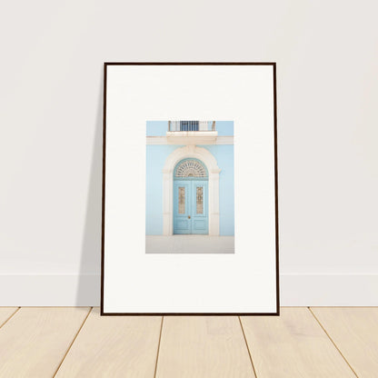 Framed wall art of a light blue vintage door in the Delphinium Dream Portal special edition