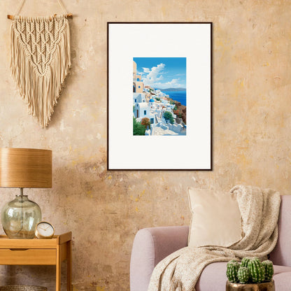 Framed Santorini photo showcasing white buildings and blue domes for Sunday Stahl Messiração