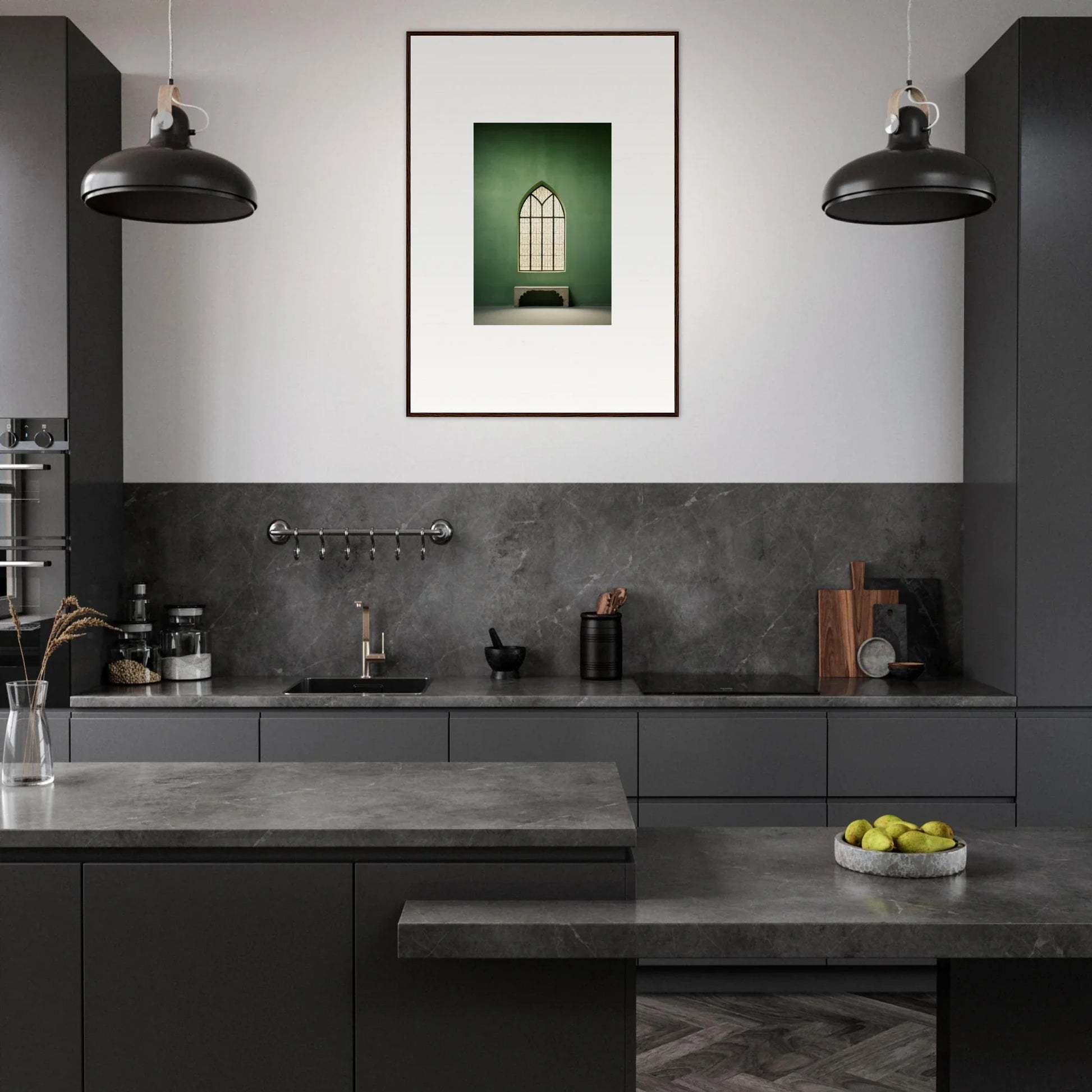 Stylish dark gray kitchen with Evermind Greenthaum artwork and industrial lights