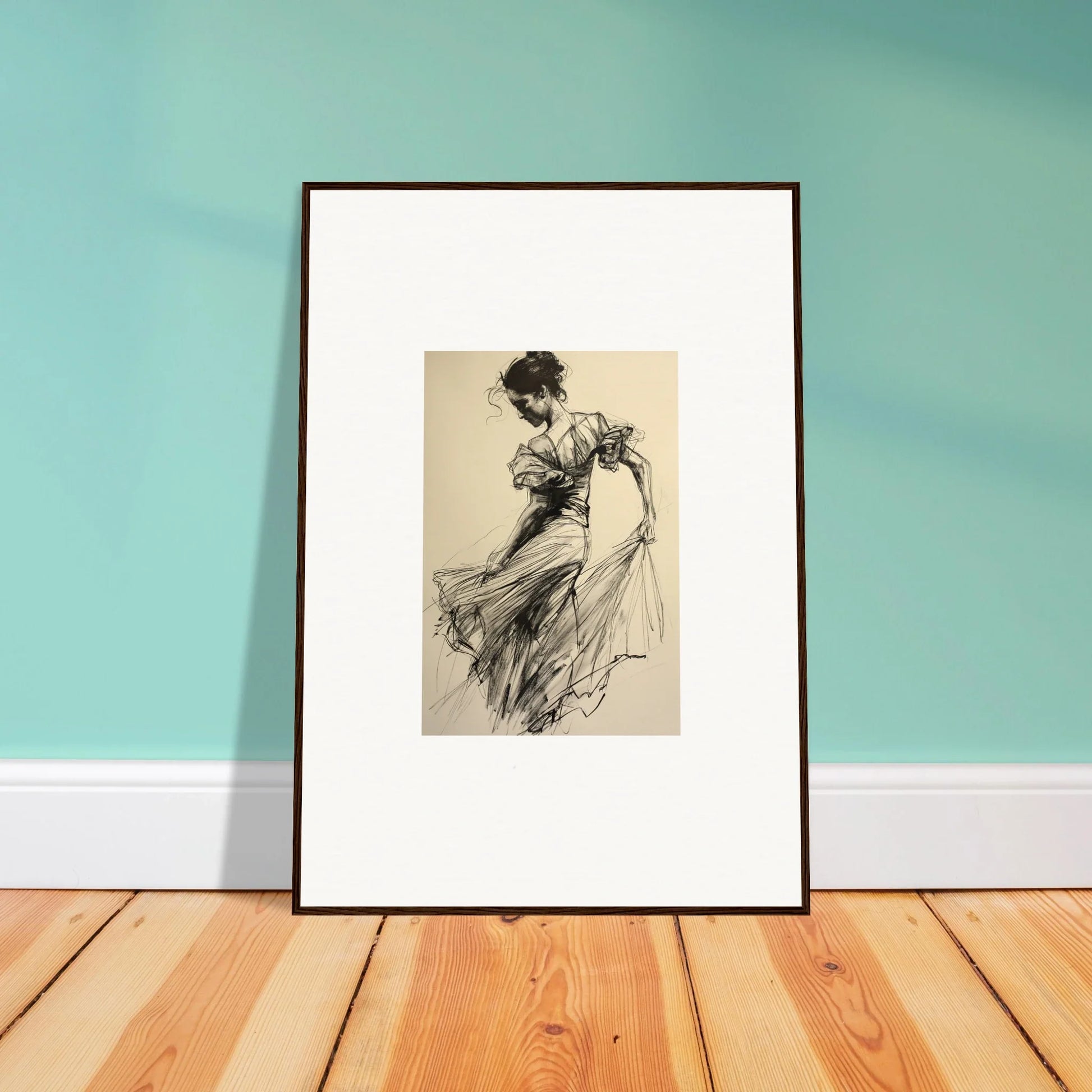 Framed black and white sketch of a figure in flowing dress for Ethereal Pause Beneath art