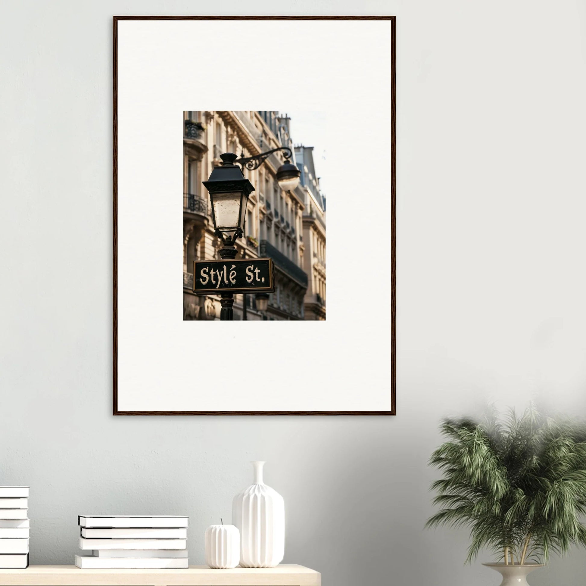 Framed wall art of a Parisian street sign and lamp post for stylish room decoration